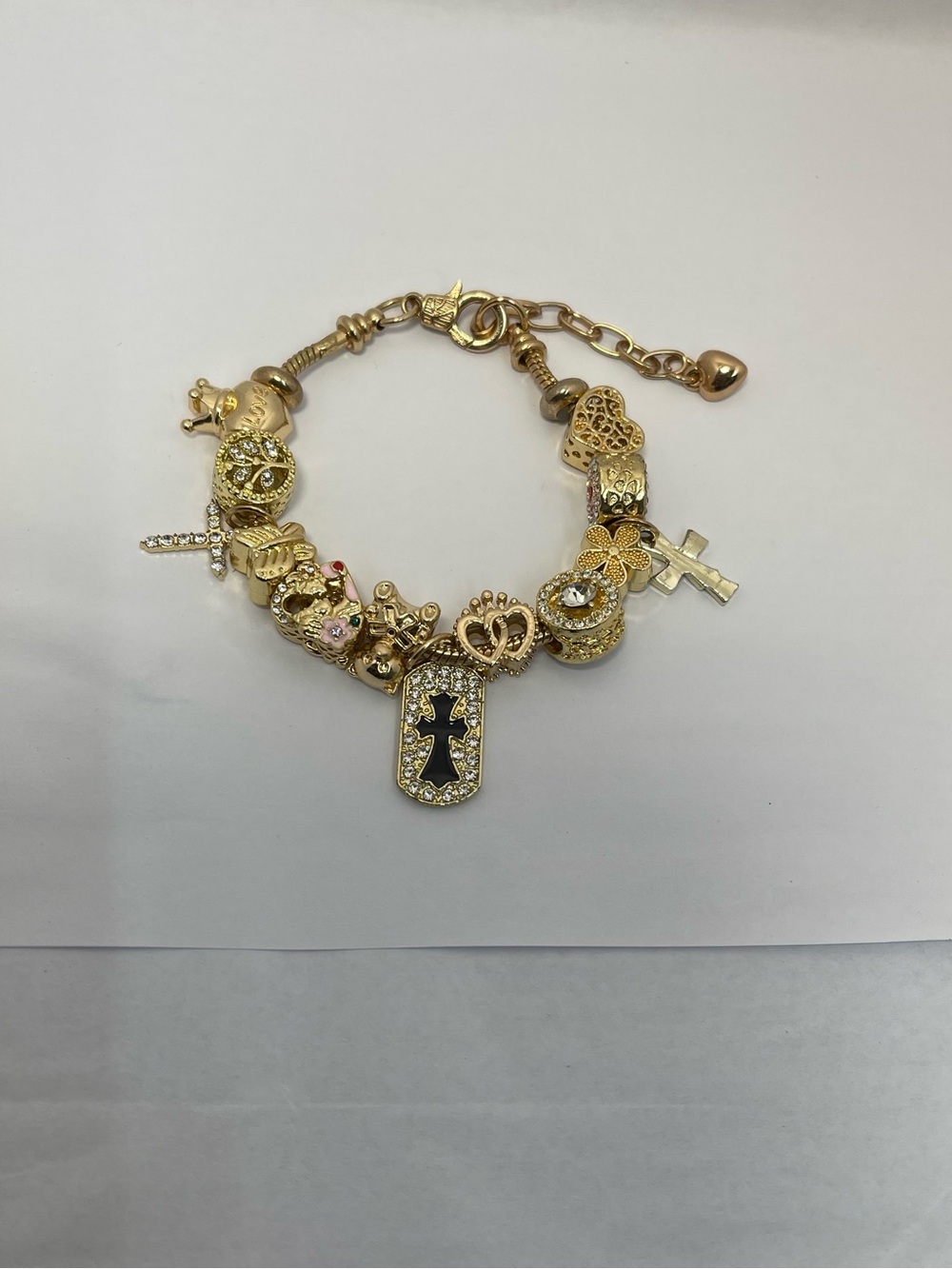 Gold Charm Bracelet with Crystal Cross and Crown Accents